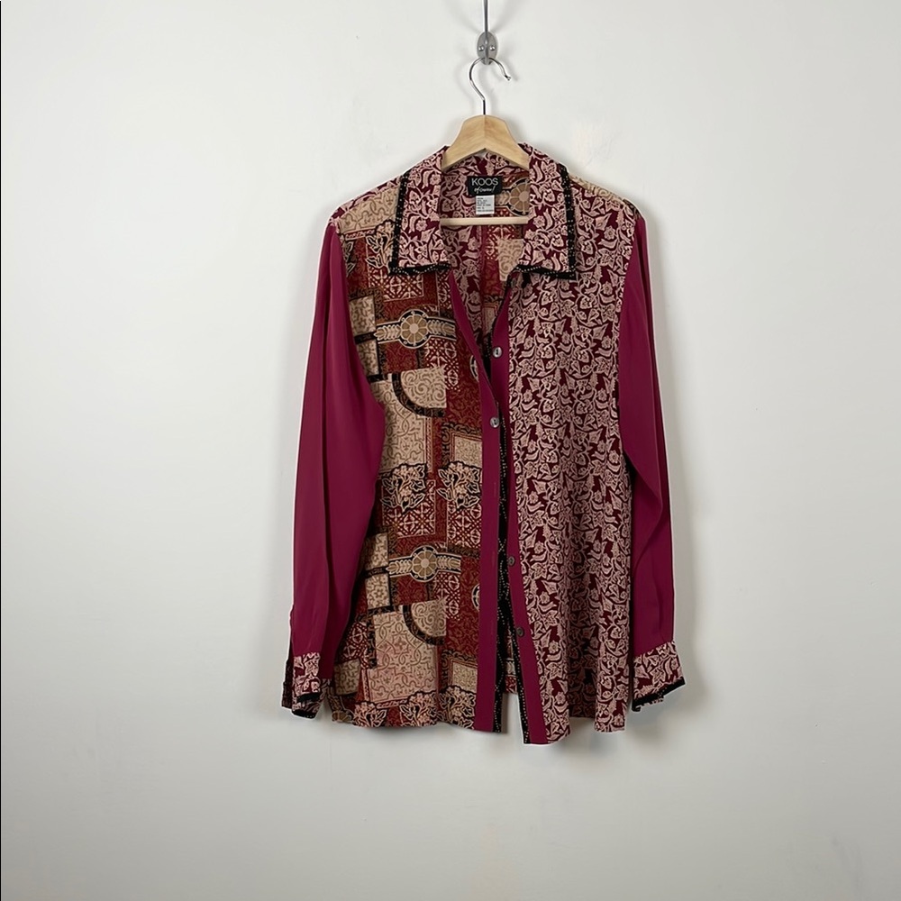 Koos Of Course Wome's L Silk Burgundy Colorblock Button Down Long Sleeve Shirt